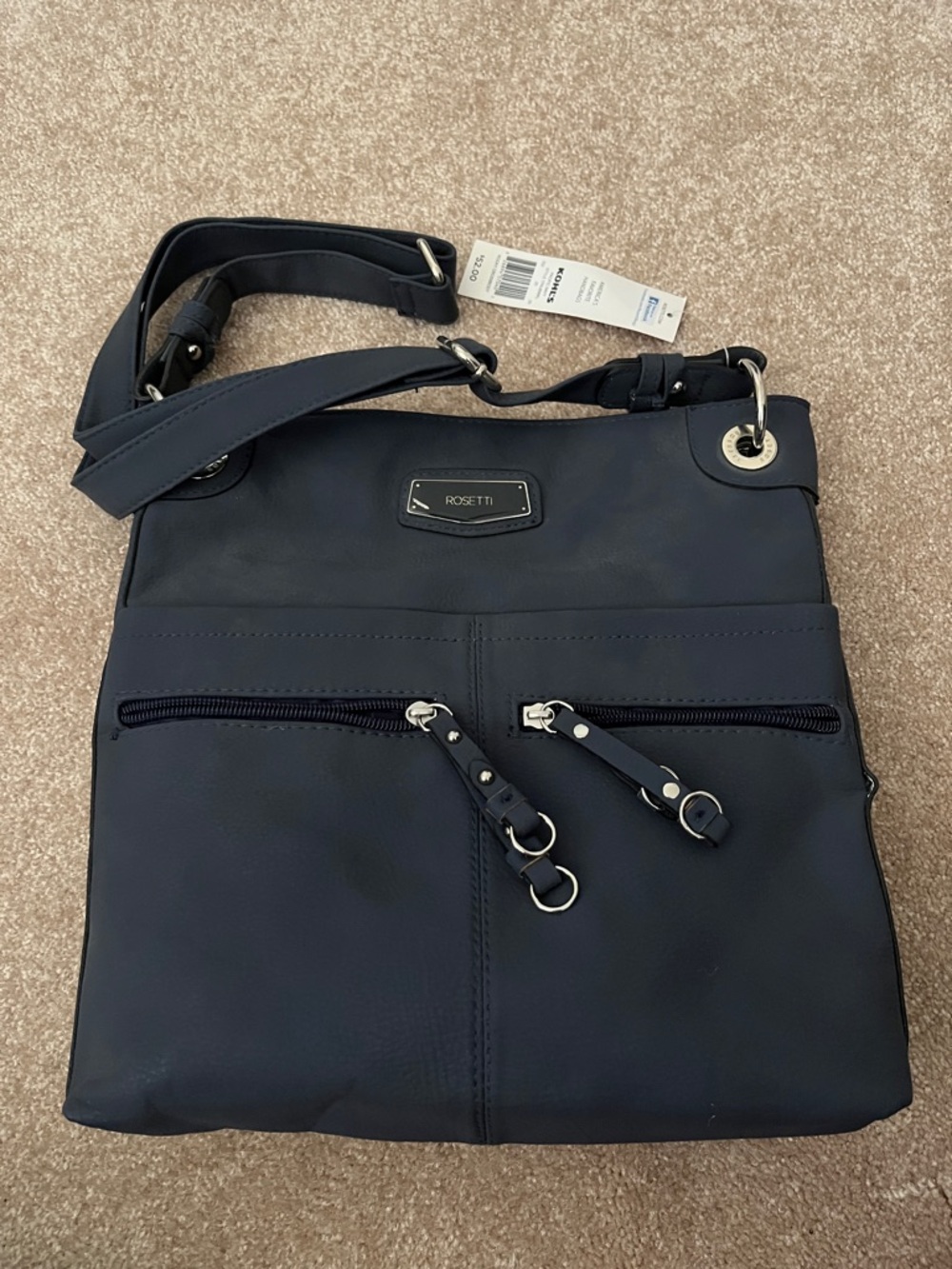 Rosetti Navy Crossbody with Dual Zip Front Pockets and Silver Hardware